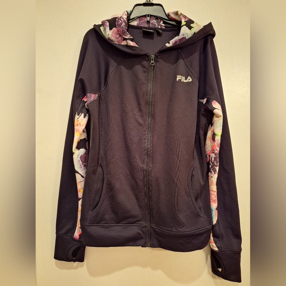 FILA Sport Performance Jacket Full Zip Hoodie Black Floral Womens Size Medium
